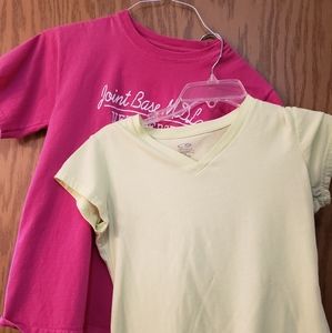 2 short sleeved t- shirts, one bright pink and one light yellow. Great shape.